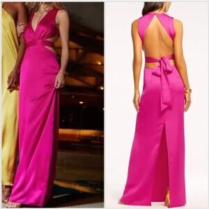 Ramy Brook Milan Gown Open Back Column Gown Dress Hot Pink Stretch Satin Size 10